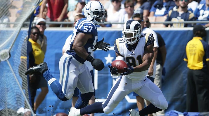 Former Columbia High player Gerald Everett (81) of the Los Angeles Rams catches a pass against Jon Bostic (57) of the Indianapolis Colts in Everett’s first NFL game on Sept. 10, 2017.
