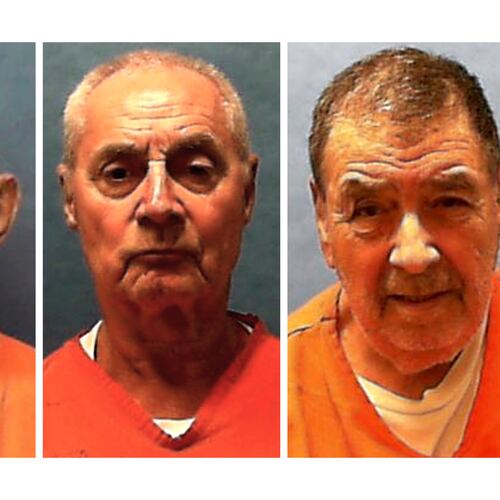 This combination of undated booking photos provided by the Florida Department of Corrections in July 2026 shows, from left, Dusty Ray Spencer, Dennis Sochor and Dominick Occhicone. (Florida Department of Corrections via AP)