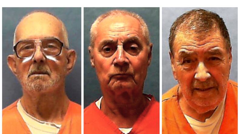 This combination of undated booking photos provided by the Florida Department of Corrections in July 2026 shows, from left, Dusty Ray Spencer, Dennis Sochor and Dominick Occhicone. (Florida Department of Corrections via AP)