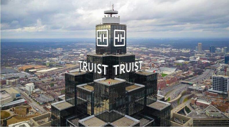 Truist will install its name on top of the city's second-tallest building starting Jan. 22, 2022. The company's logo has already been added to the 303 Peachtree St. building, known as Truist Plaza. (Handout)