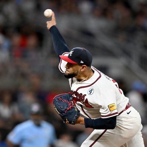 Braves pitcher Robert Suarez — pictured throwing against the Blue Jays on Tuesday, June 2, 2026 — went on the injured list June 26 after experiencing forearm tightness. (Hyosub Shin/AJC)