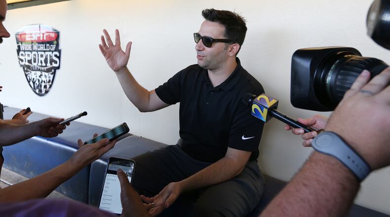 Feb 14, 2018 Kissimmee: Braves GM Alex Anthopoulos holds a press conference announcing the team signed veteran catcher Chris Stewart to a one-year major league contract, a non-guaranteed deal that provides the team with more depth at a key position in case of injury, as pitchers and catchers hold their first workout at Champion Stadium on Wednesday, Feb 14, 2018, in Kissimmee. Curtis Compton/ccompton@ajc.com