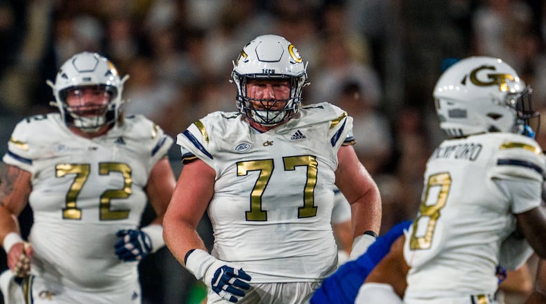 Georgia Tech offensive lineman Keylan Rutledge (77) in action in a game against Georgia State on Aug. 31, 2024 at Bobby Dodd Stadium in Atlanta. (Photo by Georgia Tech Athletics/Danny Karnik)