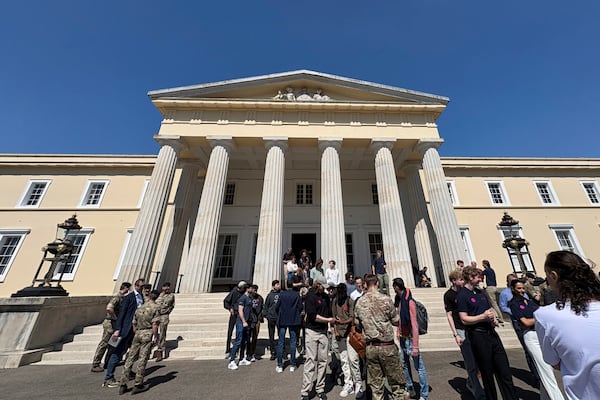 Participants gather for the London Defence Tech Hackathon, a weekend brainstorming solution for technical challenges, at the Royal Military Academy Sandhurst in Camberley, England, May 10, 2025. (AP Photos/Kelvin Chan)