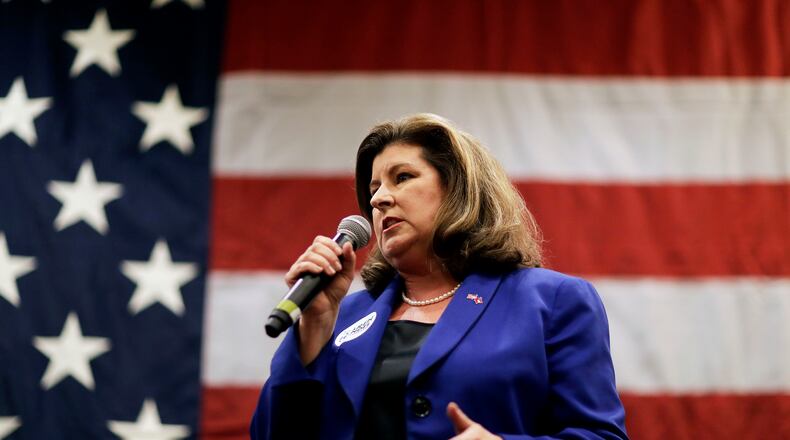 Republican candidate for 6th congressional district Karen Handel speaks at a campaign event where she was joined by House Speaker Paul Ryan in Dunwoody, Ga., Monday, May 15, 2017. (AP Photo/David Goldman)
