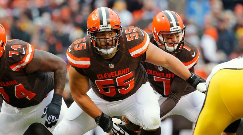 FILE - In this Jan. 3, 2016, file photo, Cleveland Browns center Alex Mack is shown during an NFL football game against the Pittsburgh Steelers, in Cleveland, Ohio. A person familiar with the decision says Browns Pro Bowl center Alex Mack is voiding the final three years of his contract and will become a free agent. Mack was set to make $24 million over the next three years, but chose to opt out of the deal, said the person who spoke Wednesday, March 2, 2016, to The Associated Press on condition of anonymity because of the sensitivity of the talks. (AP Photo/Winslow Townson, File)