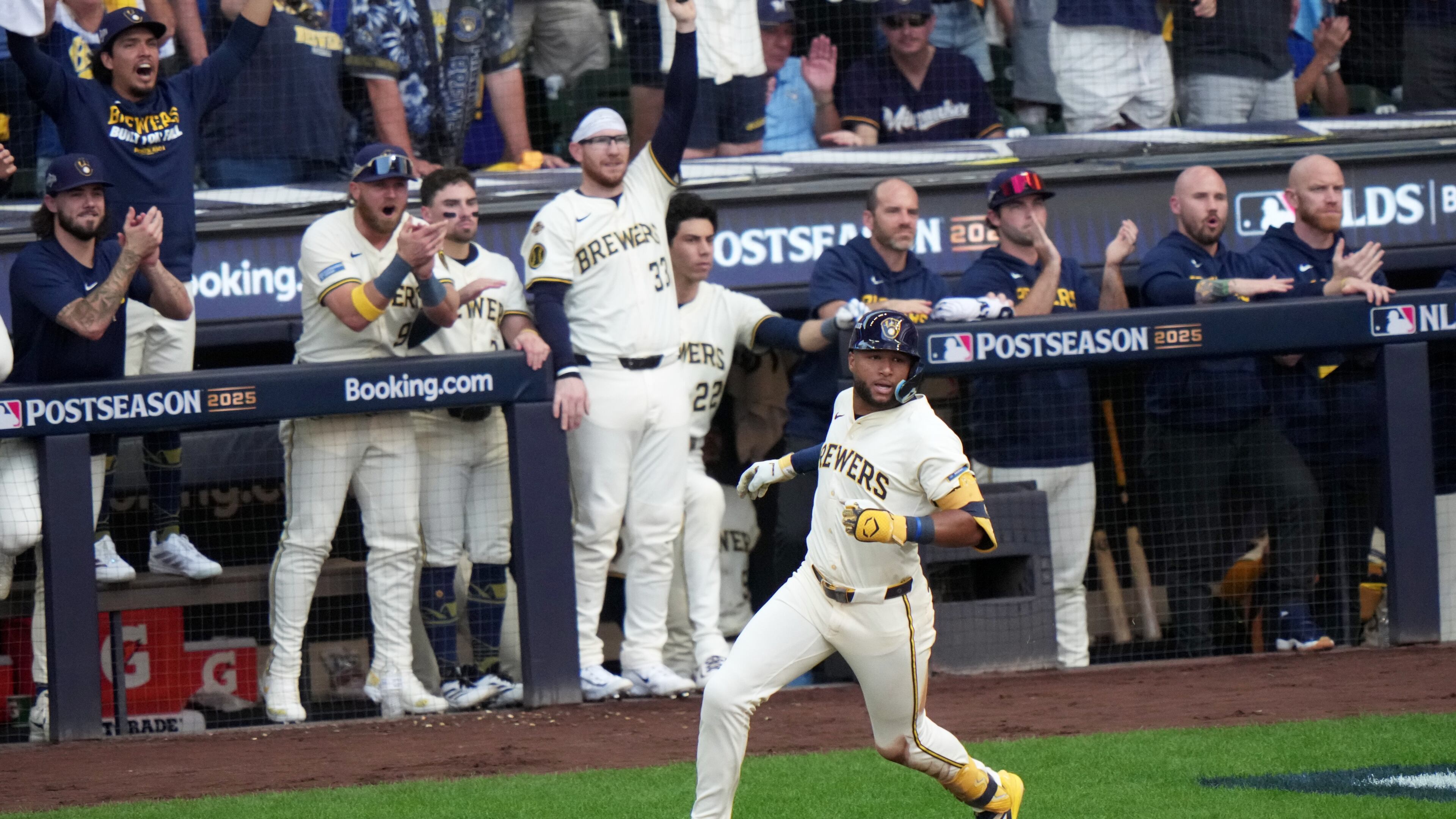 Milwaukee Brewers' Jackson Chourio hits a two-run scoring single during the first inning of Game 1 of baseball's National League Division Series against the Chicago Cubs Saturday, Oct. 4, 2025, in Milwaukee. (AP Photo/Morry Gash)