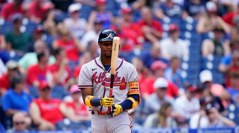 Braves outfielder Ronald Acuna steps up to plate during game against the Philadelphia Phillies, Thursday, June 10, 2021, in Philadelphia. (Matt Slocum/AP)