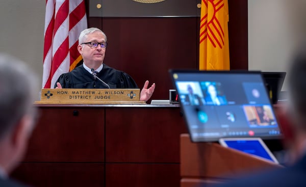First District Judge Matthew Wilson listens to arguments during a hearing for an injunction to prevent the release of photos and other evidence related to the death of the actor Gene Hackman and his wife Betty Arakawa Hackman in a court hearing in Santa Fe, N.M. Monday, March 31, 2025. (Eddie Moore/The Albuquerque Journal via AP)