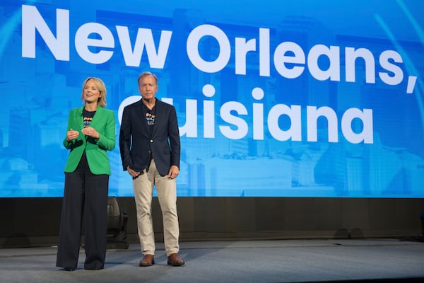 Points of Light president and CEO Jennifer Sirangelo, left, and Neil Bush, chair, speak at the 2025 Points of Light Conference in New Orleans, Friday, June 6, 2025. (AP Photo/Matthew Hinton)