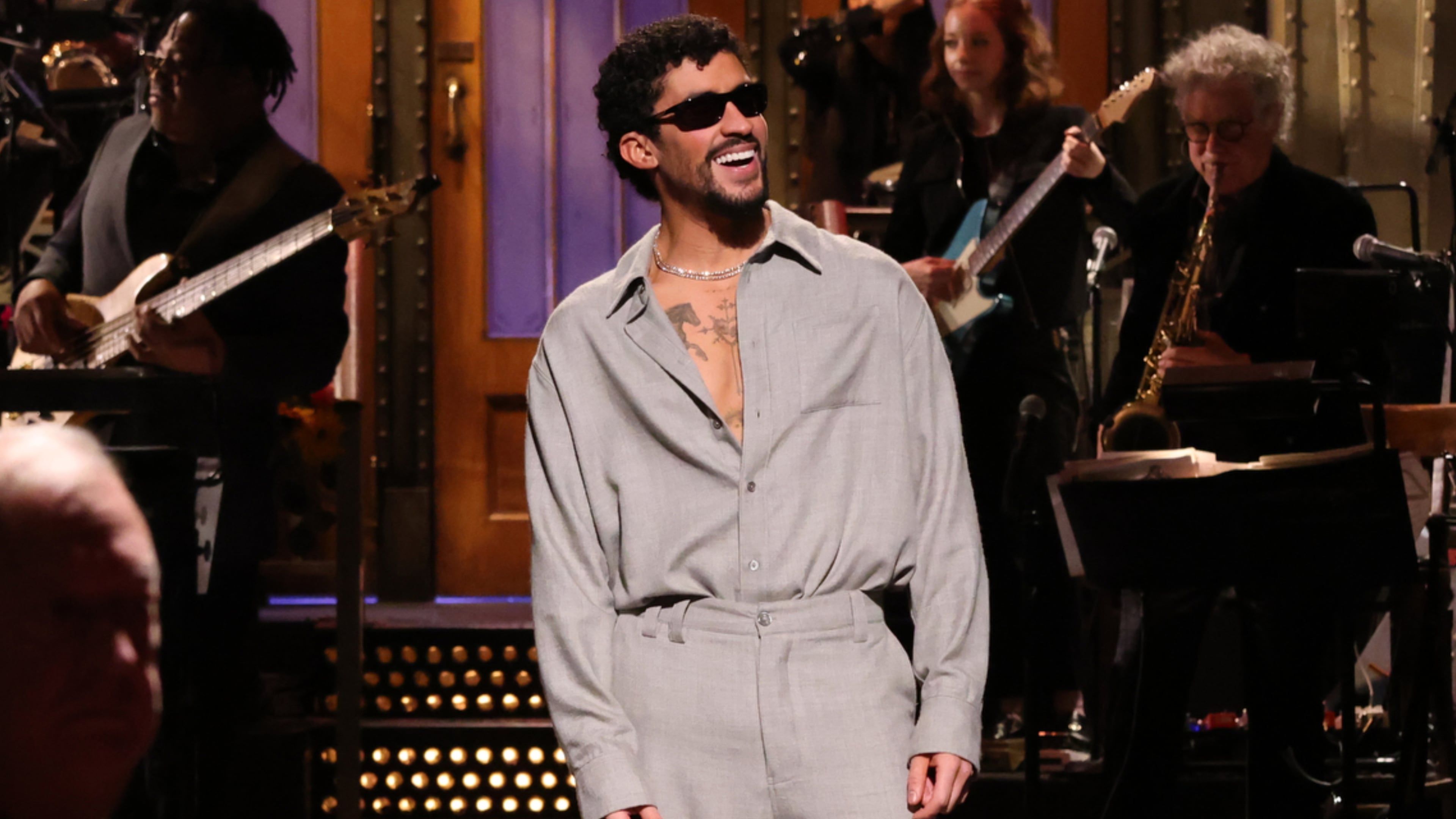 This image released by NBC shows host Bad Bunny during his monologue on "Saturday Night Live" in New York on Saturday, Oct. 4, 2025. (Will Heath/NBC via AP)