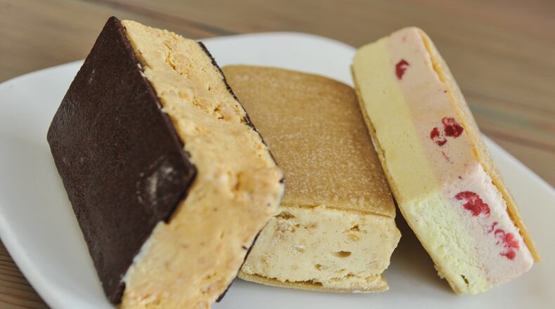 Moxley's ice cream sandwich was named by the Food as one of the 50 best ice cream treats. Pictured are strawberry-tarragon on a blondie cookie, salted caramel-hazelnut toffee on a chocolate cookie, and brown sugar-almond shortbread on a blondie cookie. (BECKY STEIN)