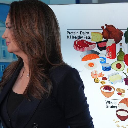 Agriculture Secretary Brooke Rollins stands by an image of a food pyramid during a briefing at the White House, Wednesday, Jan. 7, 2026, in Washington. (AP Photo/Jacquelyn Martin)