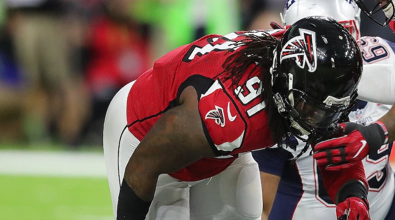 FEBRUARY 5, 2017 HOUSTON TX: The Atlanta Falcons Courtney Upshaw sacks Patriots quarterback Tom Brady during the first quarter in Super Bowl LI at NRG Stadium in Houston, TX, Sunday, February 5, 2017. Curtis Compton/AJC