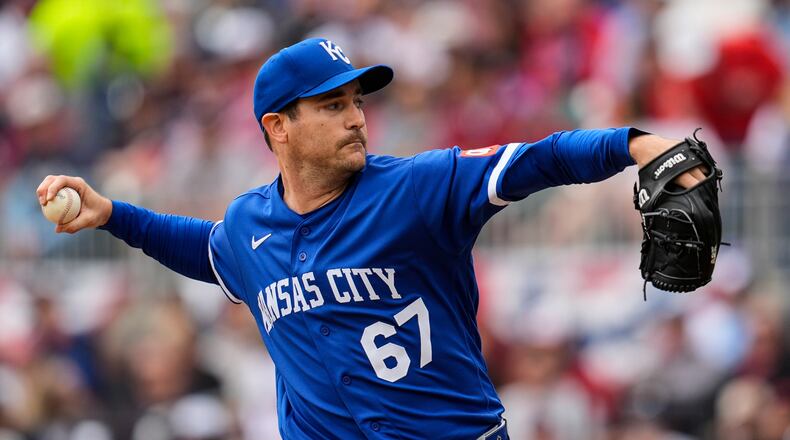 Kansas City Royals pitcher Seth Lugo (67) works against the Atlanta Braves in the first inning of a baseball game, Sunday, March 29, 2026, in Atlanta. (AP Photo/Mike Stewart)