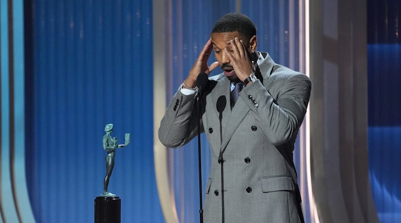 Michael B. Jordan accepts the award for outstanding performance by a male actor in a leading role for "Sinners" during the 32nd Annual Actor Awards on Sunday, March 1, 2026, at the Shrine Auditorium and Expo Hall in Los Angeles. (AP Photo/Chris Pizzello)