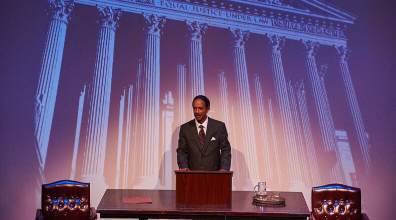 Geoffrey D. Williams plays the lead in “Thurgood,” a biography of Supreme Court Justice Thurgood Marshall, at Theatrical Outfit through Oct. 16. Marshall was the first African-American Supreme Court justice. CONTRIBUTED BY CHRISTOPHER BARTELSKI