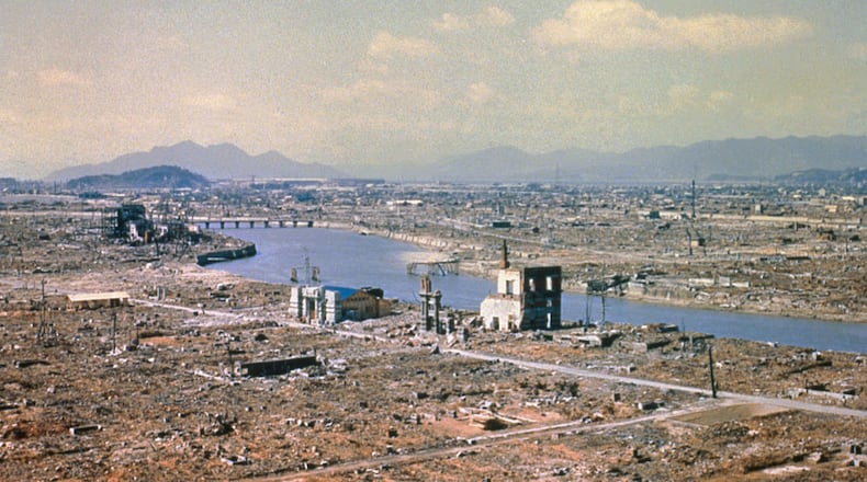 An aerial view of Hiroshima, Japan, after the atomic bombing on Aug. 6, 1945 during World War II. The city was practically obliterated with 80,000 people killed immediately and another 60,000 within the year.