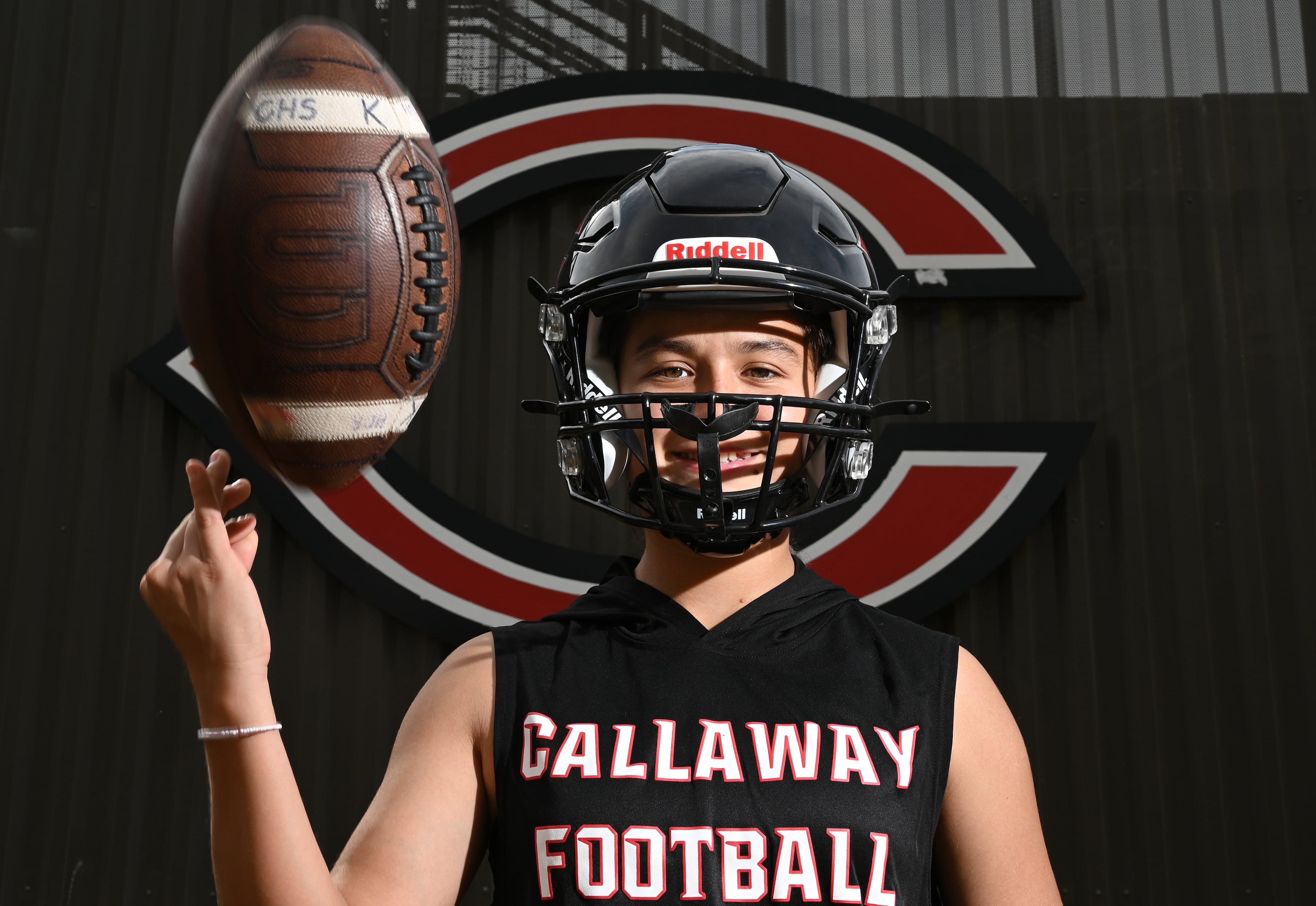 Callaway High’s Mia Flores, who is the first female football player in the school’s history, poses for a portrait at Callaway High School on Thursday, Sept. 25, 2025, in Hogansville. (Hyosub Shin/AJC)