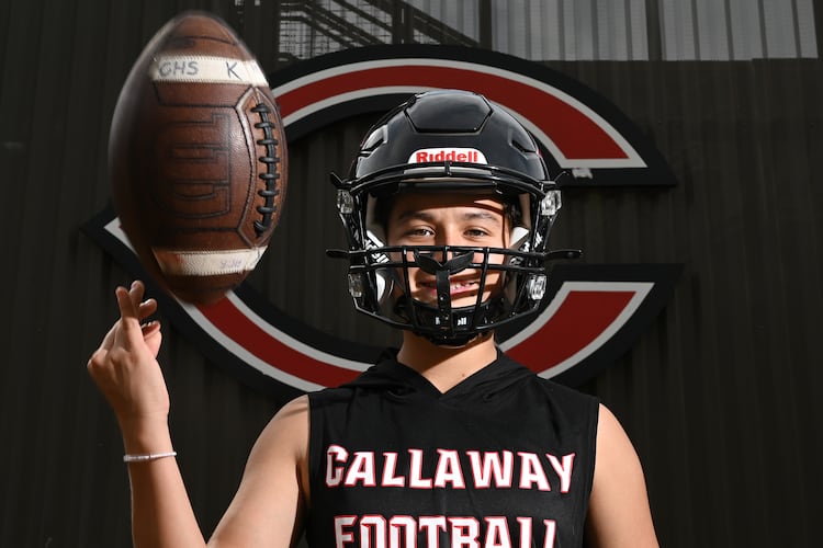 Callaway High’s Mia Flores, who is the first female football player in the school’s history, poses for a portrait at Callaway High School on Thursday, Sept. 25, 2025, in Hogansville. (Hyosub Shin/AJC)