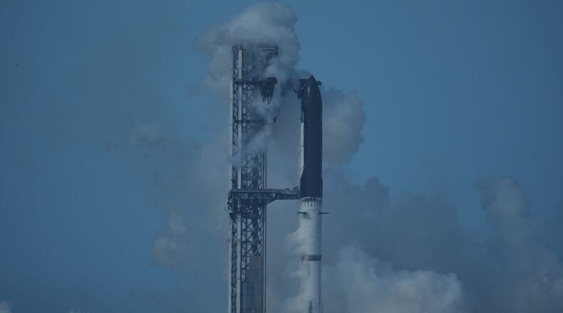 SpaceX's mega rocket Starship stands ready but was aborted before liftoff, in Starbase, Texas, Thursday, July 16, 2026. (AP Photo/Eric Gay)