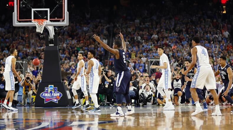 Villanova forward Kris Jenkins (2) reacts to his game-winning shot against North Carolina, Monday, April 4, 2016, in Houston. Villanova won 77-74. (AP Photo/David J. Phillip)