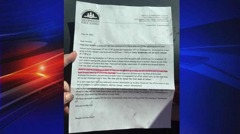 The principal of a Salem, Oregon, elementary school is apologizing for a letter sent to parents that said the school will call DHS if parents don’t pick up their children on time each day.