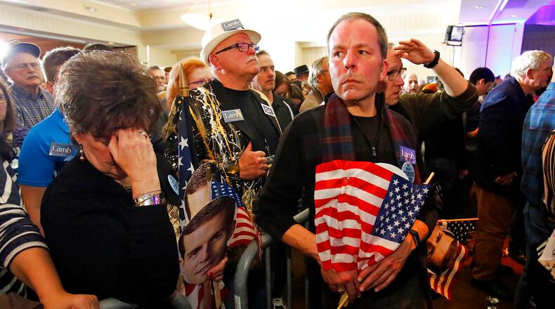 John Henninger, right, of Cecil Township, Pa., and Judy Kramer, left, of Bavington, Pa., wait for election returns at the election night party for Conor Lamb, the Democratic candidate for the March 13 special election in Pennsylvania's 18th Congressional District, in Canonsburg, Pa., Tuesday, March 13, 2018. Rattled Republicans were hit with the reality check Wednesday in the startling strong performance of a fresh-faced Democrat deep in Trump country. (AP Photo/Gene J. Puskar)
