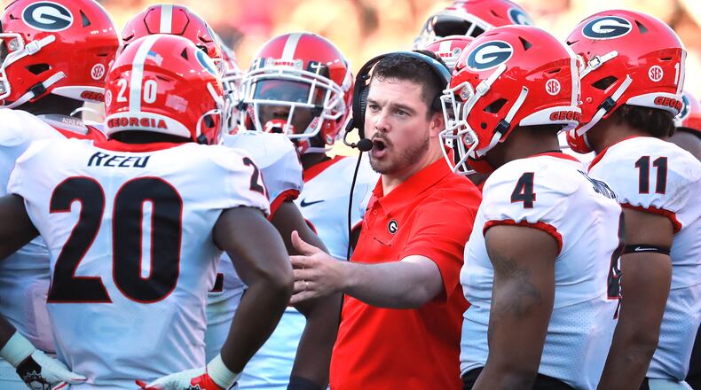 Georgia defensive coordinator Dan Lanning talks to players during the 21-14 win over Auburn Saturday, Nov. 16, 2019, at Jordan-Hare Stadium in Auburn.