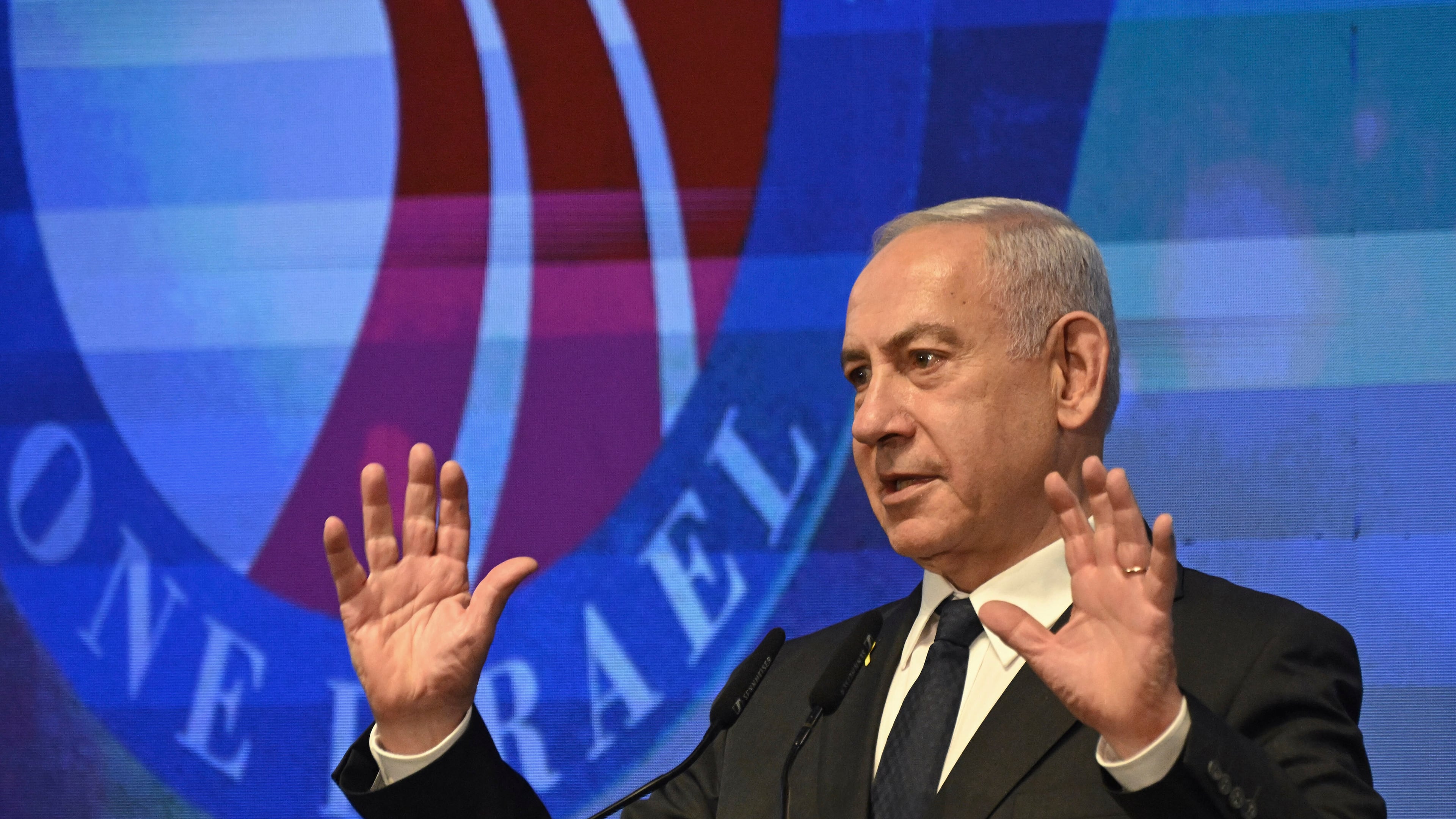 Israeli Prime Minister Benjamin Netanyahu speaks at the opening event of the bipartisan delegation of American legislators to Israel in Jerusalem, Monday, Sept. 15, 2025. (Debbie Hill/Pool Photo via AP)