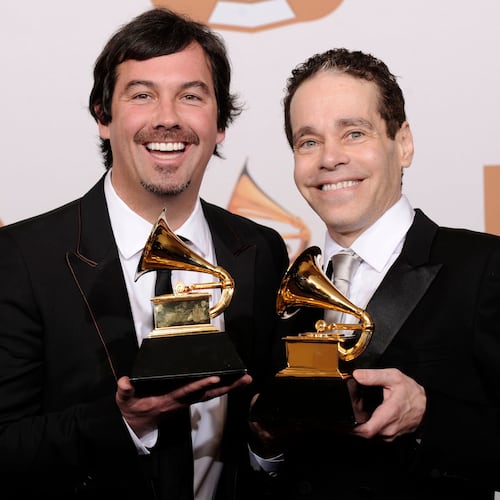 FIE - Duncan Sheik, left, and Steven Sater are seen with the award for best musical show album for "Spring Awakening" at the 50th Annual Grammy Awards on Sunday, Feb. 10, 2008, in Los Angeles. (AP Photo/Mark J. Terrill)