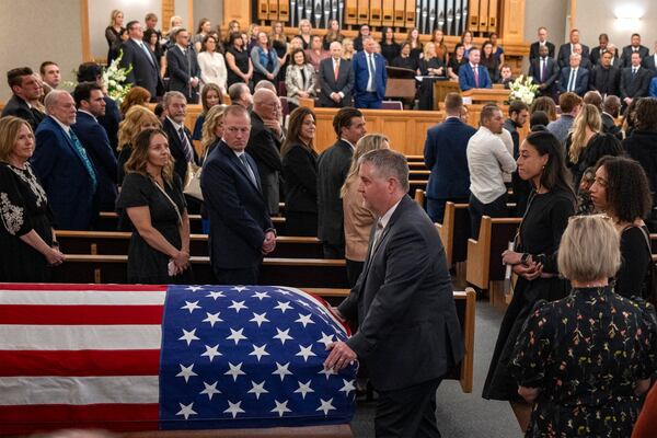 The casket is brought out of the chapel at funeral services for former U.S. Rep. Mia Love at the University of Utah Institute of Religion in Salt Lake City on Monday, April 7, 2025. (Rick Egan/The Salt Lake Tribune via AP, Pool)