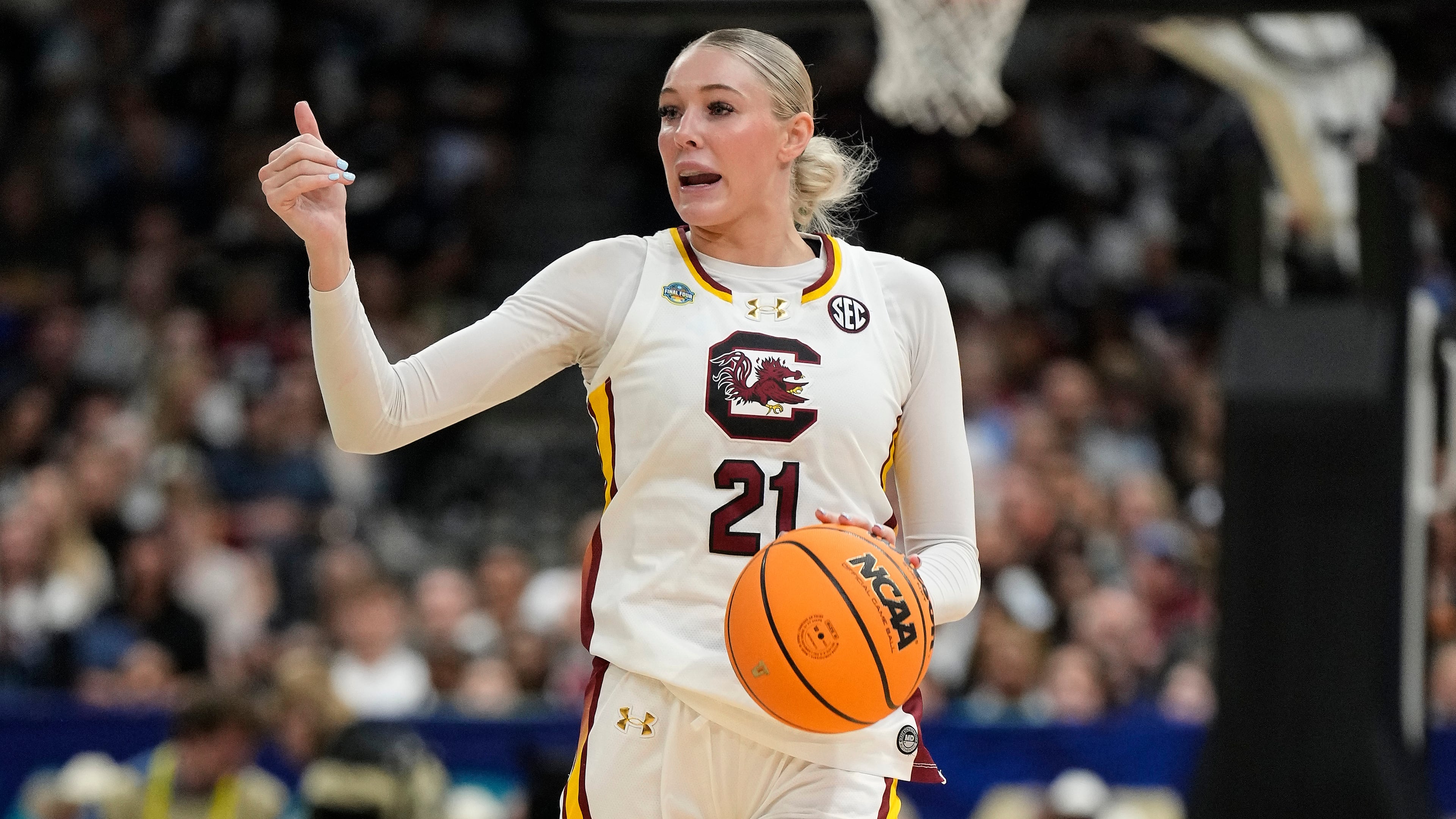 FILE - South Carolina forward Chloe Kitts brings the ball up the court against Texas during the second half of a national semifinal Final Four game during the women's NCAA college basketball tournament, on April 4, 2025, in Tampa, Fla. (AP Photo/Chris O'Meara, File)