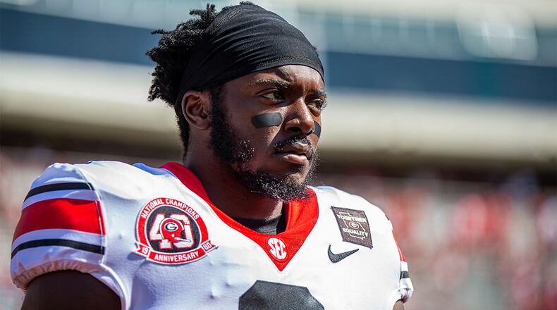 Georgia safety Richard LeCounte takes field for season opener Saturday, Sept. 26, 2020, against Arkansas in Fayetteville, Ark.