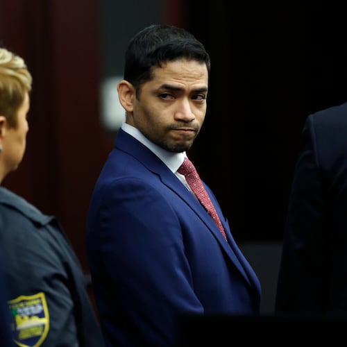 Mario Fernandez Saldana reacts after the guilty verdict in his trial at the Duval County Courthouse in Jacksonville, Fla., on Wednesday, Aug. 26, 2026. (Corey Perrine/The Florida Times-Union via AP)
