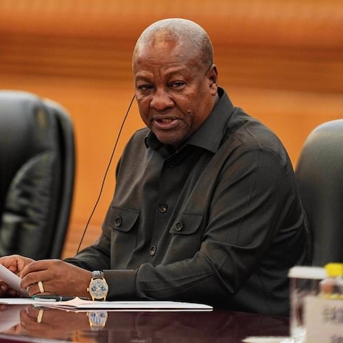 FILE - Ghana's President John Mahama speaks during a meeting with Chinese President Xi Jinping at the Great Hall of the People in Beijing, Oct. 14, 2025. (Ichiro Banno/Pool Photo via AP, FILE)