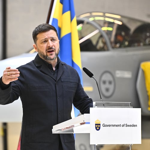 Ukraine's President Volodymyr Zelenskyy and Sweden's Prime Minister Ulf Kristersson, not seen, give a joint news conference at the F16 air flotilla in Uppsala, Sweden, Thursday, May 28, 2026. (Christine Olsson/TT News Agency via AP)