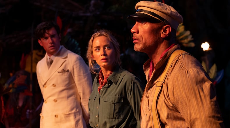 Jack Whitehall as MacGregor (from left), Emily Blunt as Lily and Dwayne Johnson as Frank in Disney's "Jungle Cruise." Frank Masi/DISNEY