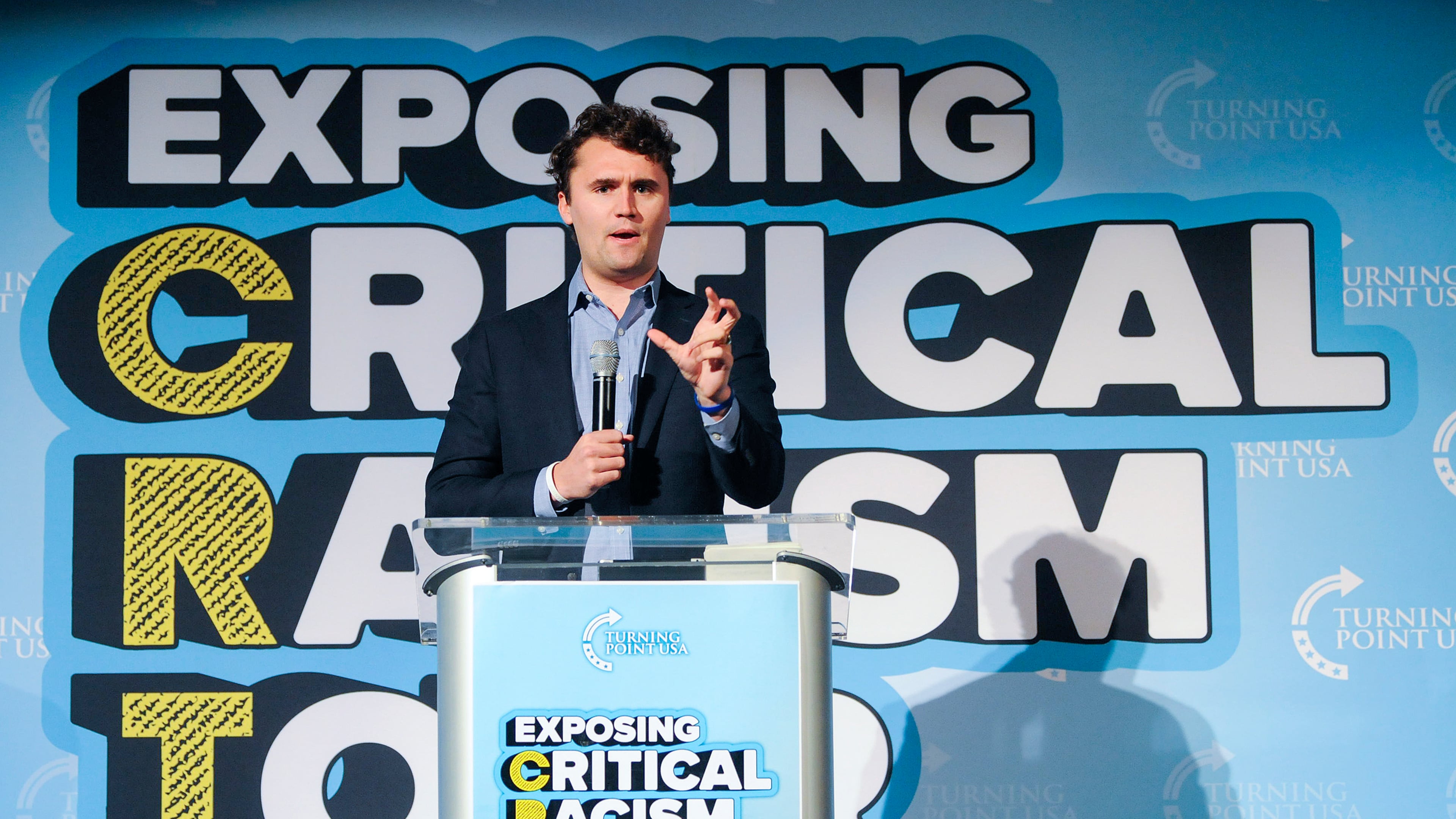 FILE - Turning Point USA founder Charlie Kirk speaks to the audience on his "Exposing Critical Racism Theory" tour on Oct. 5, 2021, in Mankato, Minn. (AP Photo/Jackson Forderer, File)