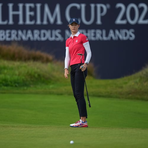 Nelly Korda of the United States misses a putt on the 15th green during the final day of the Solheim Cup in Den Bosch, Netherlands, Sunday, Sept. 13, 2026. (AP Photo/Alastair Grant)