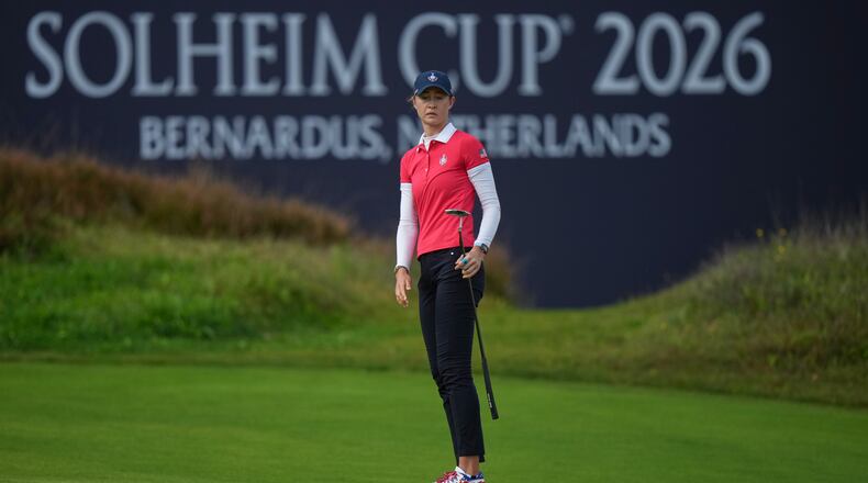 Nelly Korda of the United States misses a putt on the 15th green during the final day of the Solheim Cup in Den Bosch, Netherlands, Sunday, Sept. 13, 2026. (AP Photo/Alastair Grant)