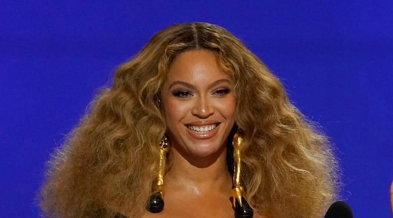 Beyoncé appears at the 63rd annual Grammy Awards in Los Angeles on March 14, 2021. (AP Photo/Chris Pizzello, File)