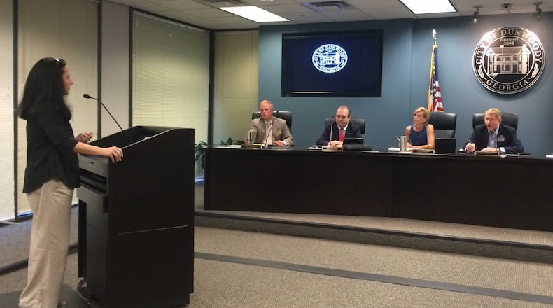 DeKalb Commissioner Nancy Jester speaks to the Dunwoody City Council on Monday as it considered the county’s proposed special purpose local option sales tax (SPLOST). MARK NIESSE / MARK.NIESSE@AJC.COM