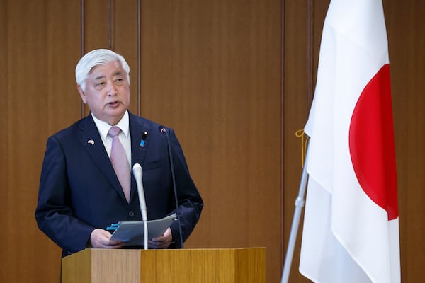 FILE - Japan's Defense Minister Gen Nakatani speaks during a news conference with U.S. Secretary of Defense Pete Hegseth at the Ministry of Defense in Tokyo, March 30, 2025. (Kiyoshi Ota/Pool Photo via AP, File)
