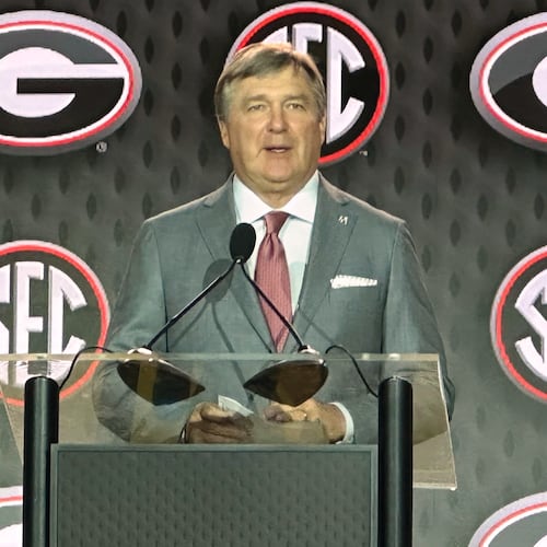 Georgia Head Coach Kirby Smart discusses upcoming football season at the SEC Media Days, Tuesday, July 21, 2026 in Tampa, Fla. (Hunter Dawkins/The Gazebo Gazette via AP)