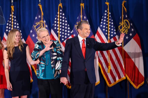 Georgia gubernatorial candidate Rick Jackson, with his wife, Melody, greets supporters at his election night party at the Westin Atlanta Perimeter North during the 2026 Georgia primary election runoff, Tuesday, June 16, 2026, in Atlanta. (Jason Getz/AJC)