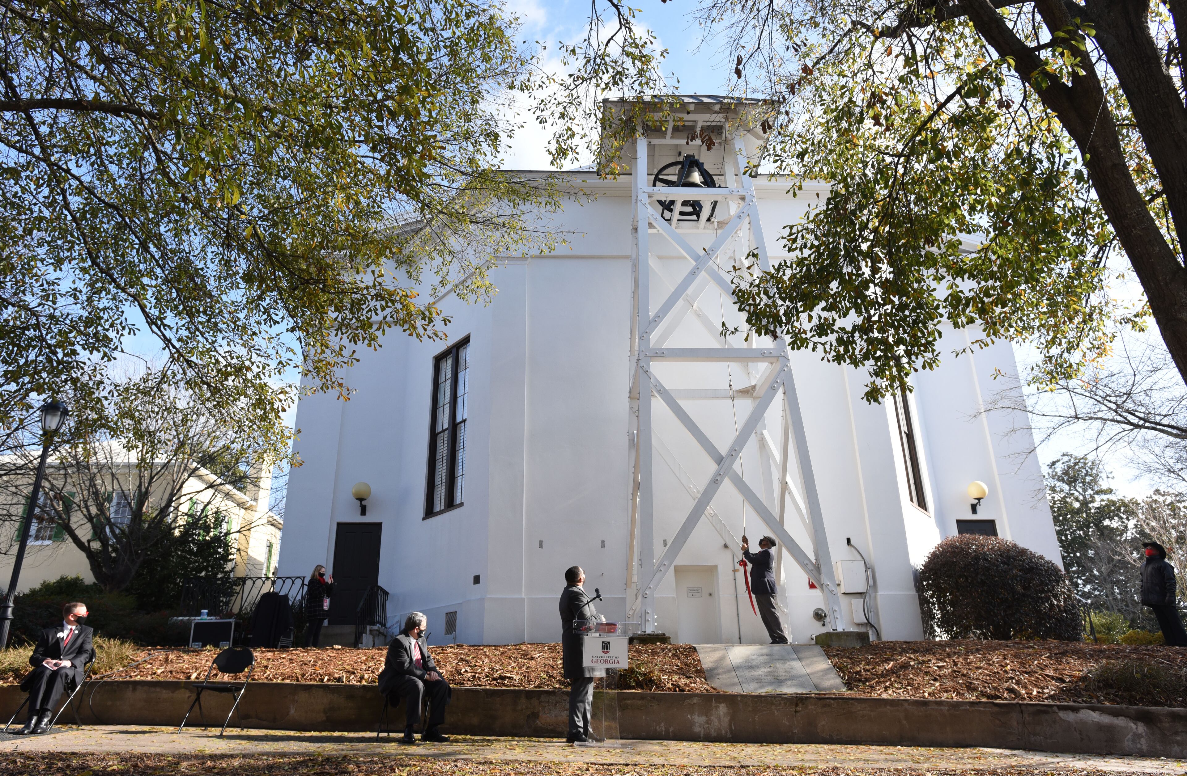 Ken Dious was one of eight people who rang the Chapel Bell to honor the 60th anniversary of desegregation of the University of Georgia outside the UGA Chapel on the campus in Athens on Saturday, January 9, 2021. (Hyosub Shin / Hyosub.Shin@ajc.com)