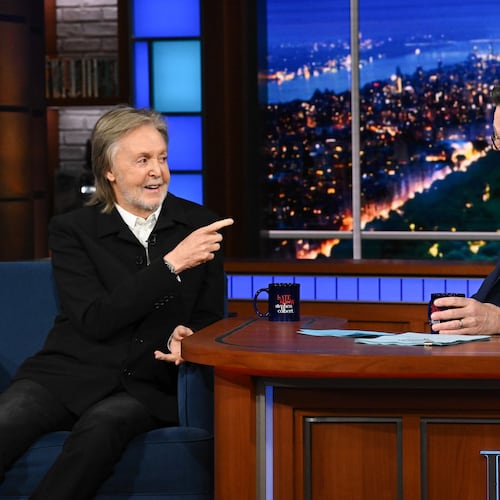 This image released by CBS shows Paul McCartney, left, with host Stephen Colbert during the final episode of "The Late Show with Stephen Colbert" in New York on Thursday, May 21, 2026. (Scott Kowalchyk/CBS via AP)