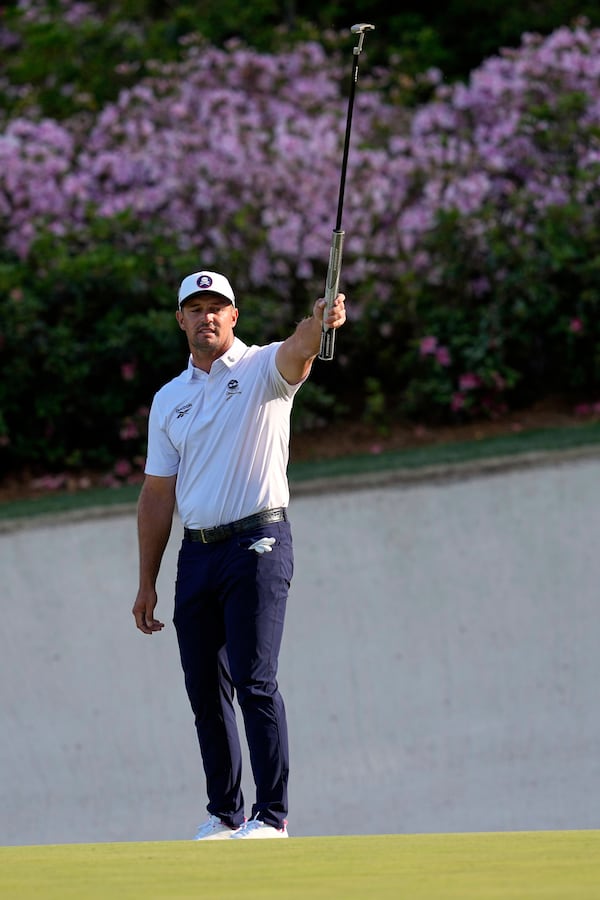 Bryson DeChambeau reacts after missing a putt on the 13th hole during the third round at the Masters golf tournament, Saturday, April 12, 2025, in Augusta, Ga. (AP Photo/David J. Phillip)