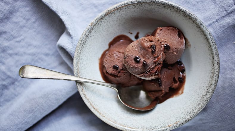 This easy Chocolate-Banana vegan ice cream from "N'Ice Cream," by Virpi Mikkonen and Tuulia Talvio, only has four ingredients and can be made in a blender. (Juli Leonard/Raleigh News & Observer/TNS)